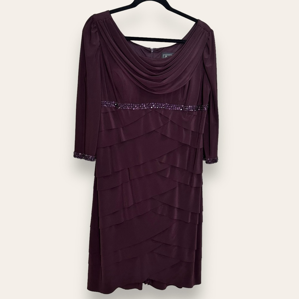 Alex Evenings Dress Womens Size 12 Eggplant Purple Cowl Neck 3/4 Sleeves